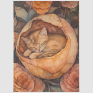 Papel De Seda Gatinho Adormecido em Flor de Rosa Aquarela Floral