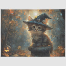 Gatinho Fofo Vestindo um Chapéu de Bruxa Decoupage