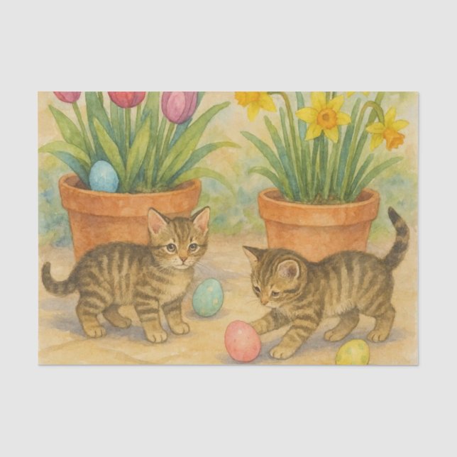 Papel De Seda Gatinhos Brincando com Ovos de Páscoa  (Frente )