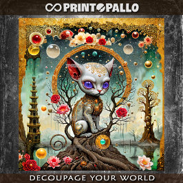 Papel De Seda Gato alienígena rococó vintage em um mundo surreal