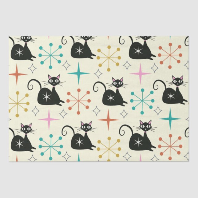 Papel De Seda Gato Atômico Negro de meio século com Starbursts (Frente )