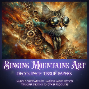 Papel De Seda Gato Celestial Steampunk Viagem no Tempo Decoupage