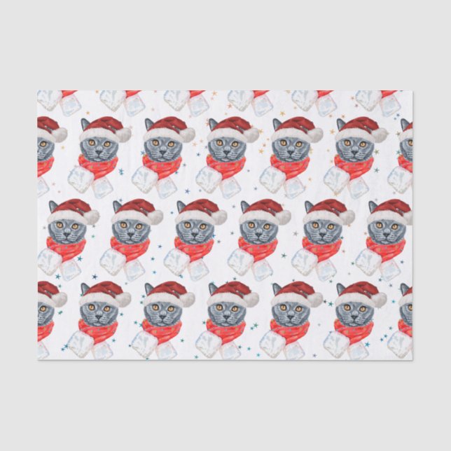 Papel De Seda Gato Cinza Fofo em Aquarela com Cachecol (Frente )
