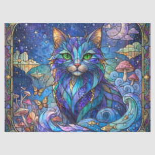 Papel De Seda Gato Cósmico Vidro Pintado Surrealista Olhos Azuis