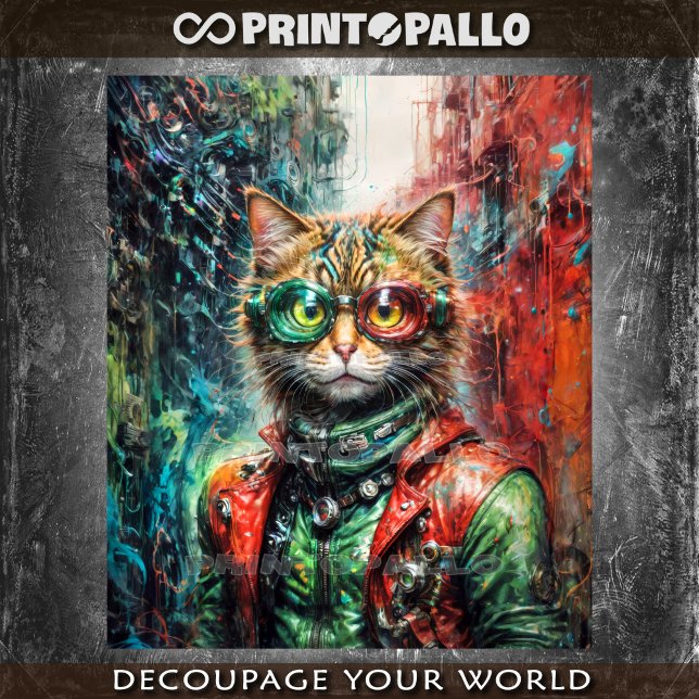 Papel De Seda Gato de rua cyberpunk com jaqueta de couro e óculo (Criador carregado)