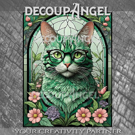 Papel De Seda Gato e Flores Verdes - Decoupage_