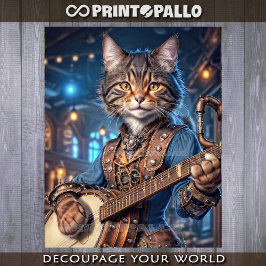 Papel De Seda Gato fêmea Steampunk tocando banjo -