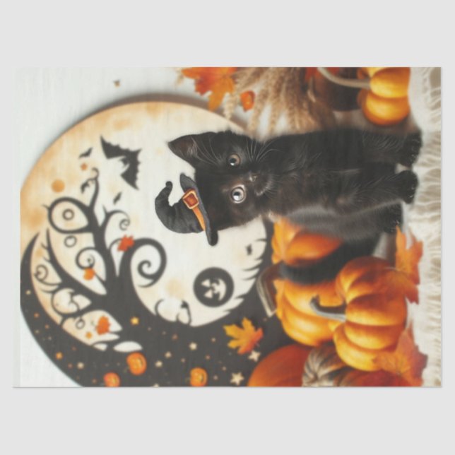 Papel De Seda Gato Fofo de Halloween Lua Abóbora (Frente )