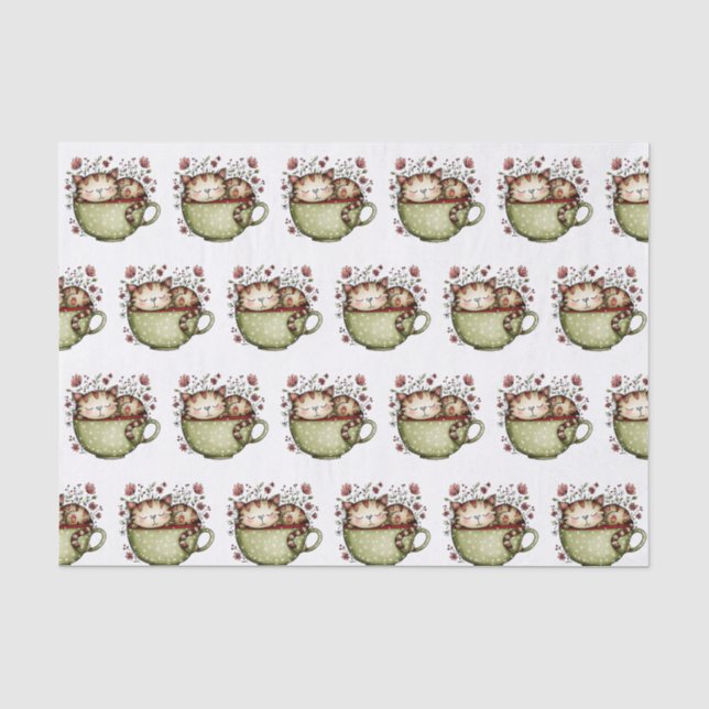 Papel De Seda Gato Fofo Dormindo Xícara Bolinhas Floral (Frente )