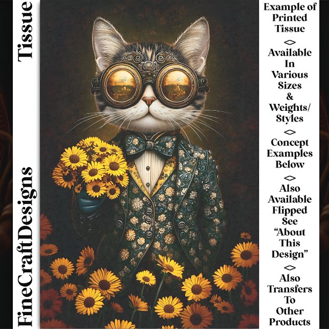 Papel De Seda Gato Fofo Steampunk, Flores Amarelas CY9L Decoupag (Criador carregado)
