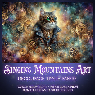 Papel De Seda Gato Gótico Steampunk Viagem Celestial Decoupage
