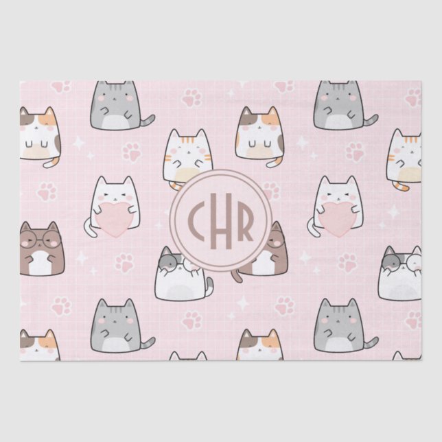 Papel De Seda Gato Kawaii num Fundo Rosa (Frente )