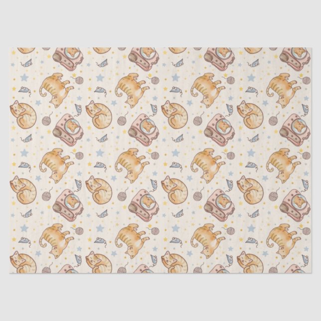 Papel De Seda Gato Laranja numa Mochila, Estrelas e Linha (Frente )