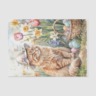 Papel De Seda Gato Laranja Tabby de Chapéu em Cesta de Páscoa 