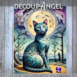 Papel De Seda Gato Moderno e Lua em Decoupage Púrpura e Azul