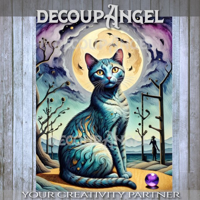 Papel De Seda Gato Moderno e Lua em Decoupage Púrpura e Azul (Criador carregado)