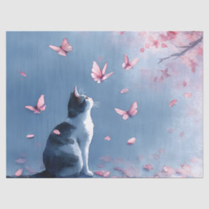 Papel De Seda Gato Neblina Azul com Flores Rosadas e Pontos Estr