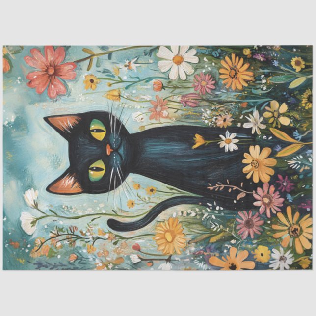 Papel De Seda Gato Negro Whimsso com Decoupage de Flores Selvage (Frente )