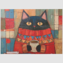 Gato Preto Aconchegante Bebendo Café No Café