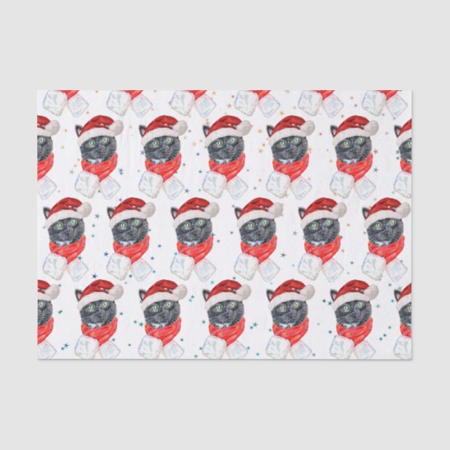 Papel De Seda Gato Preto Aquarela com Cachecol de Natal (Frente )