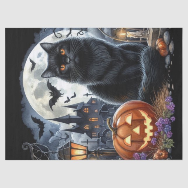 Papel De Seda Gato Preto Assustador do Halloween Decoupage (Frente )