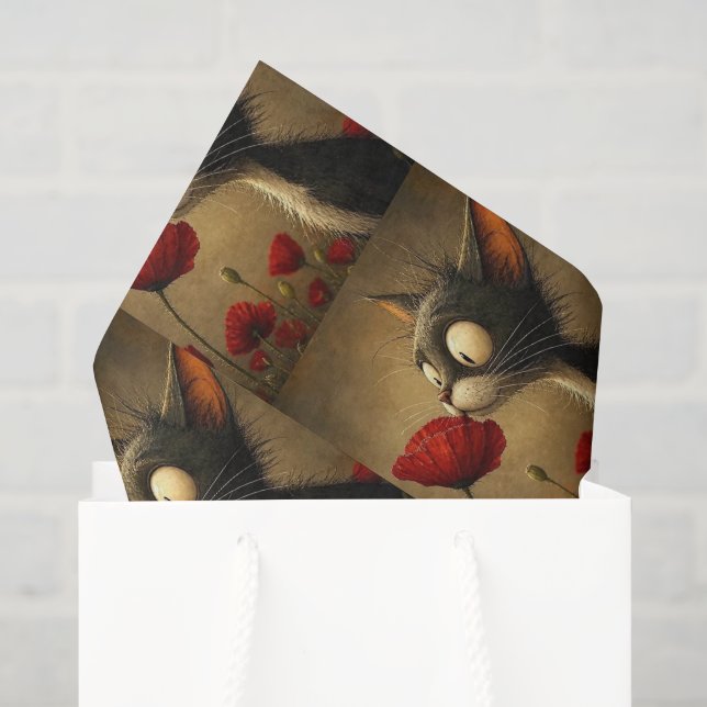 Papel de Seda Gato Preto e Branco Flor Vermelha Fl (Sacola de presentes)