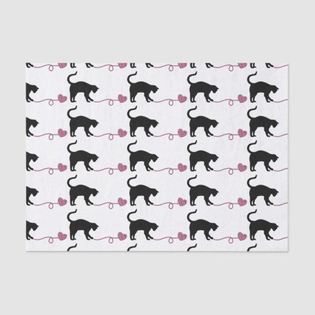 Papel De Seda Gato preto & fio dado forma coração (rosa) (Frente )