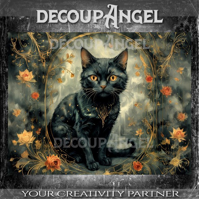 Papel De Seda Gato Preto Moderno com Flores - Decoupage- (Criador carregado)