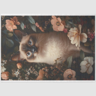 Papel De Seda Gato Siames com Decoupage de Flores Rosa