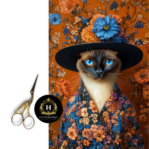 Papel De Seda Gato Siames Floral de Outono em Vestido Decoupage