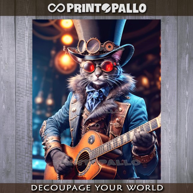 Papel De Seda Gato steampunk com cartola e óculos tocando violão (Criador carregado)