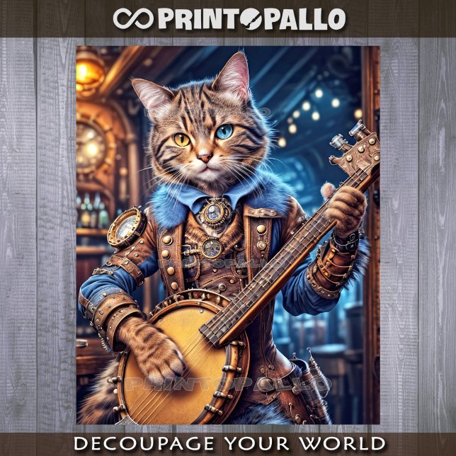 Papel De Seda Gato steampunk tocando banjo em pub azul -  (Criador carregado)