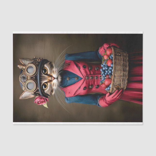 Papel De Seda Gato Tabby Steampunk & Cesto de Frutas DY6L Decoup (Frente )