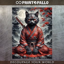 Papel De Seda Gato vampiro samurai com katana em meditação