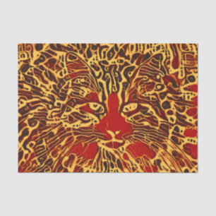 Papel De Seda Gato Xadrez Abstrato Tribal Vermelho Amarelo Arte