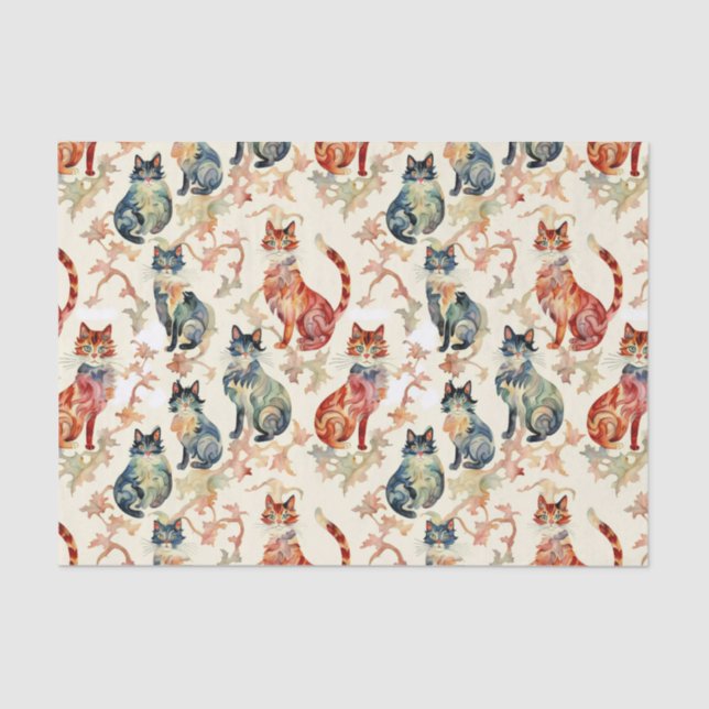 Papel De Seda Gatos em Padrão Chinês de Aquarela (Frente )