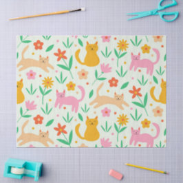 Papel De Seda Gatos Felizes Retro com Flores Laranja Vermelho e 