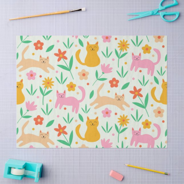 Papel De Seda Gatos Felizes Retroativos com flores de vermelho a (Arte )