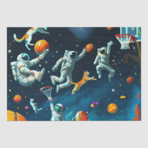 Papel De Seda Gatos Jogando Basquete no Espaço com Astronautas