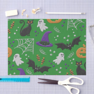 Papel De Seda Gatos Negros Fantasmas Morcegam Padrão Verde Hallo