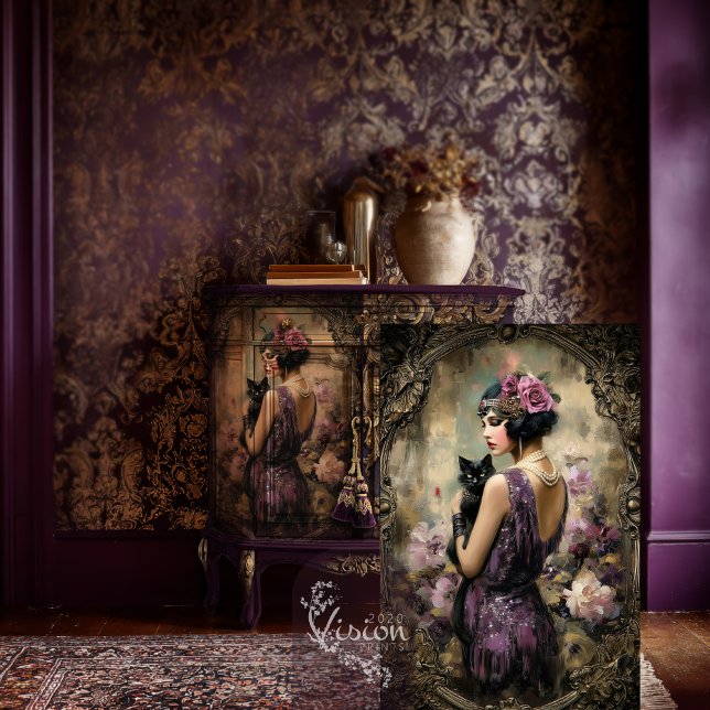 Papel De Seda Gatsby Senhora Flapper Gato Antigo Decoupage Impre (Gatsby Flapper, Vintage Cat, Moody Purple & Floral Decoupage Tissue Paper)
