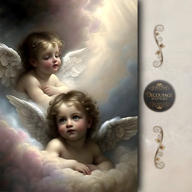 Papel De Seda Gêmeos Anjos Querubins Nuvens Pastel Decoupage (Twin Cherub Angels Pastel Clouds Decoupage Tissue Paper)