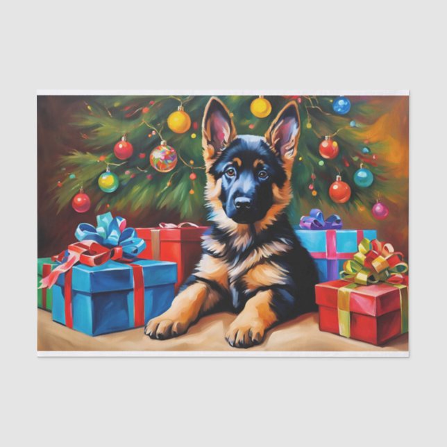 Papel De Seda German shepherd com Árvore de Natal e Presentes (Frente )