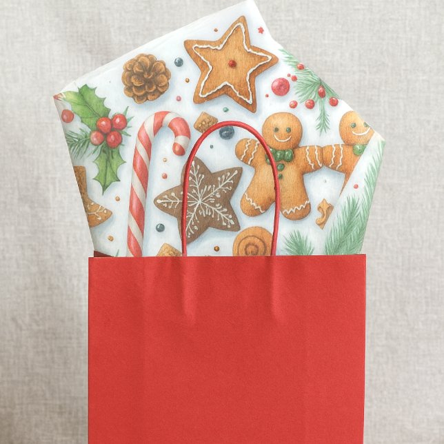 Papel De Seda Gingerbread Cookie Candy Cane & Pine  (Festive Christmas cookie tissue paper for gift bags, crafts and more )
