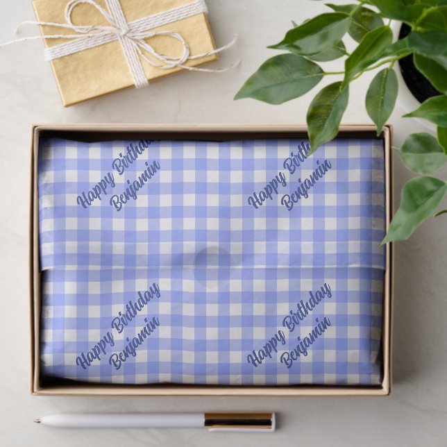Papel De Seda Gingham Padrões de Correspondência Branca Azul (Presente)