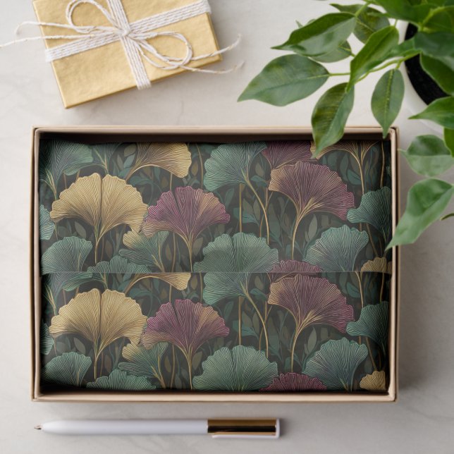Papel De Seda Ginkgo Leaf Pattern Teal Burgundy  (Presente)
