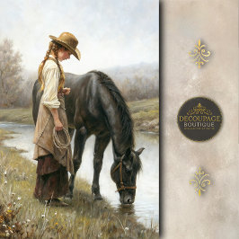 Papel De Seda Girl With Black Horse By Stream Decoupage