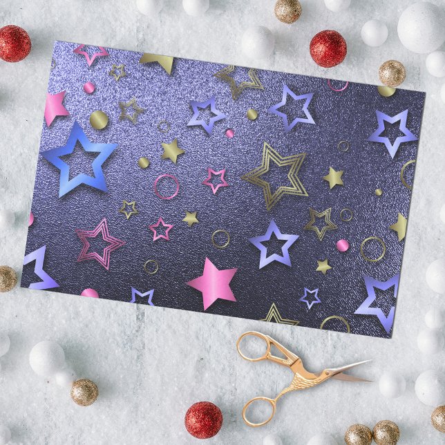 Papel De Seda Glam Festivo Brilhante Azul, Dourado, Estrelas Met (Criador carregado)