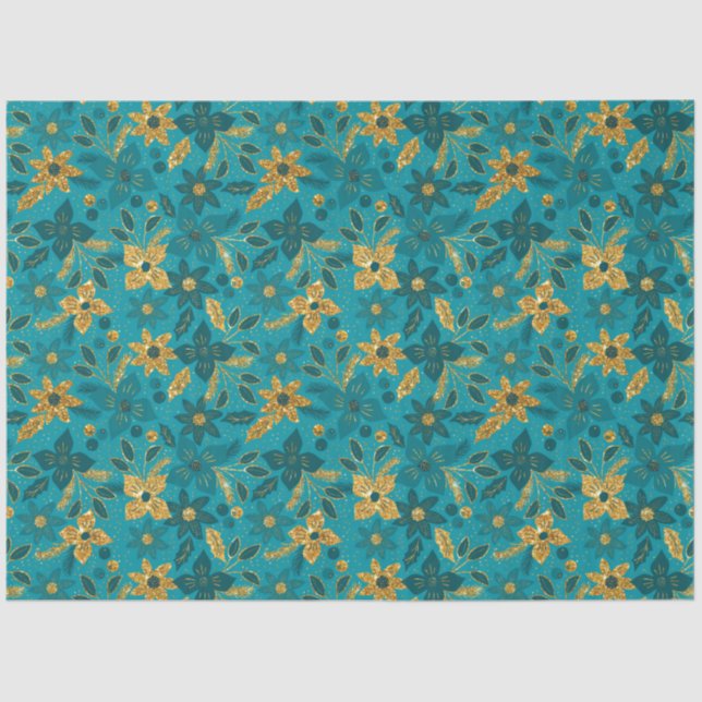 Papel De Seda Gold and Teal Blue Christmas Poinsettia Flowers (Frente )