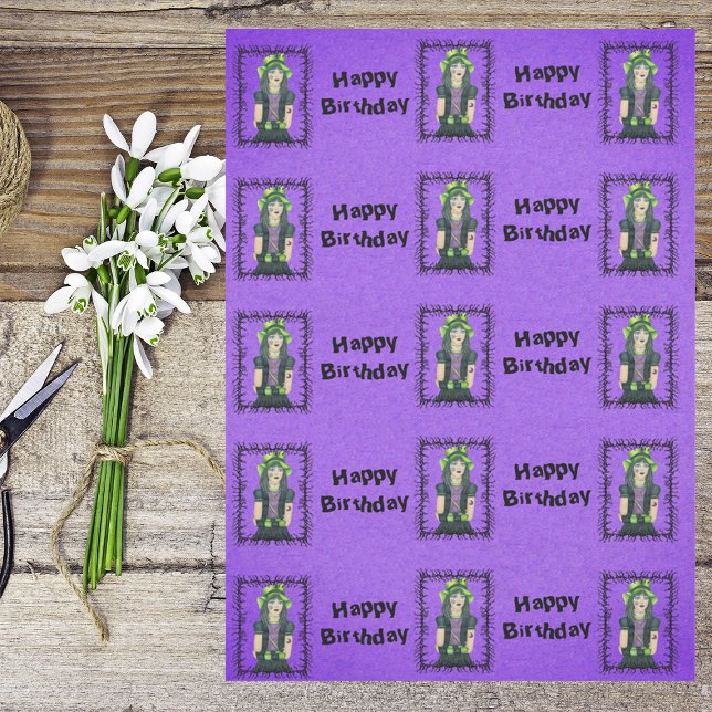 Papel De Seda Goth Girl Tattoos Barbed Frame Purple Birthday (Pretty Goth girl tattoos black barbed branch frame on purple Happy birthday gift wrap tissue paper.)